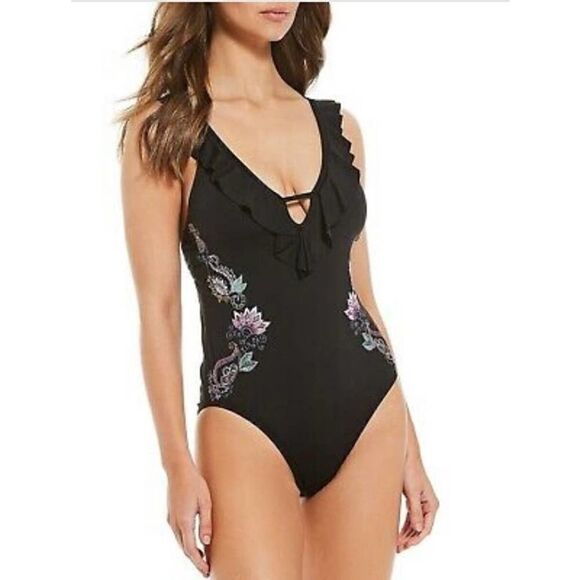 Gibson Latimer Mirage Floral Embroidered Ruffle Swimsuit NWt XS - Picture 1 of 6